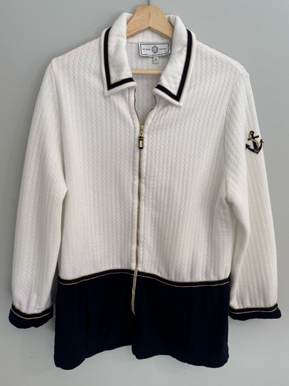 St. John Sport Marie Gray Vintage Nautical Full Zip Jacket with Gold Hardware